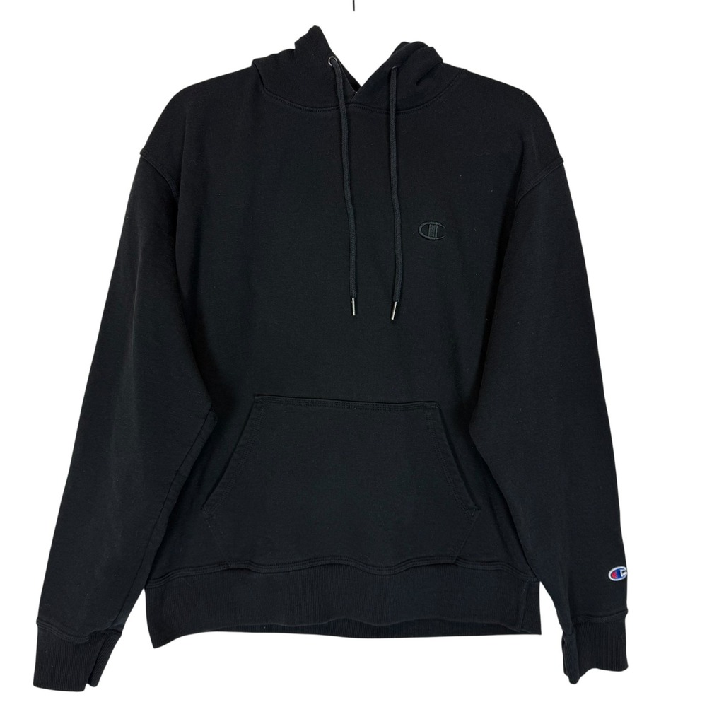 Champion Hoodie Mens Medium Black Pullover Fleece Embroidered Logo Kangaroo